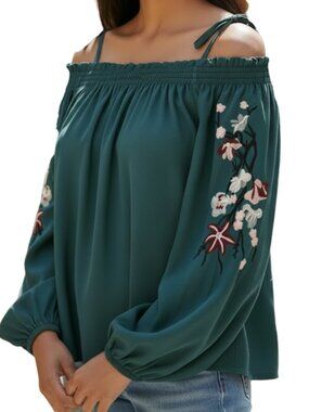 inTu Teal Floral Embroidered  Off the Shoulder Blouse Medium M Smocked